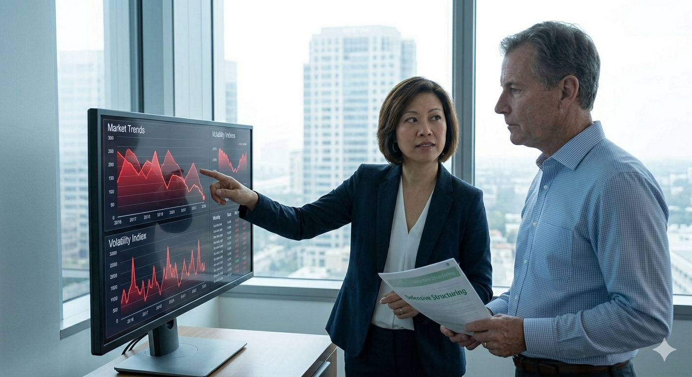 MCM advisors analysing market trends with Hong Kong skyline in the background