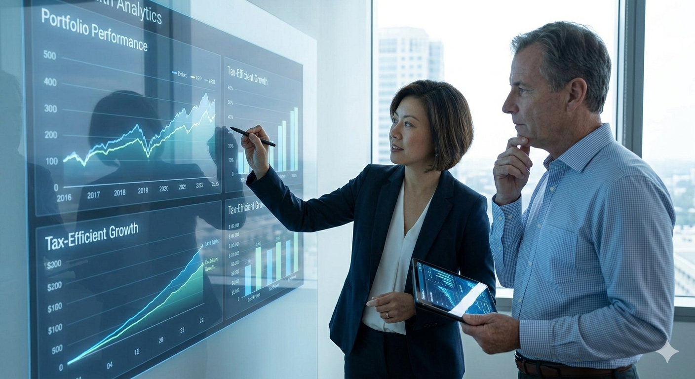 MCM advisors reviewing portfolio performance and tax-efficient growth on a large analytics screen